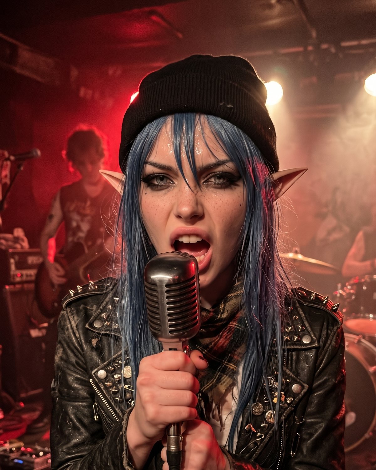 White Rose chante au micro sur une scène punk, bonnet noir et cheveux bleus, sous une lumière rouge