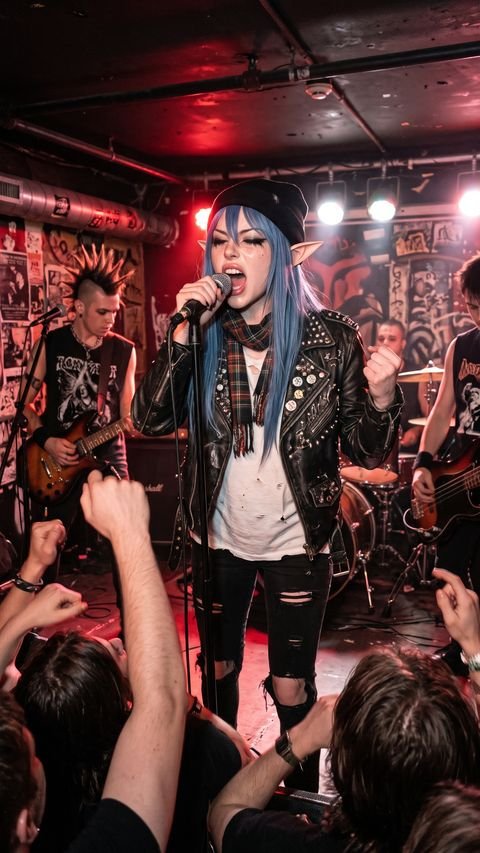 White Rose chante avec son groupe sur une scène punk